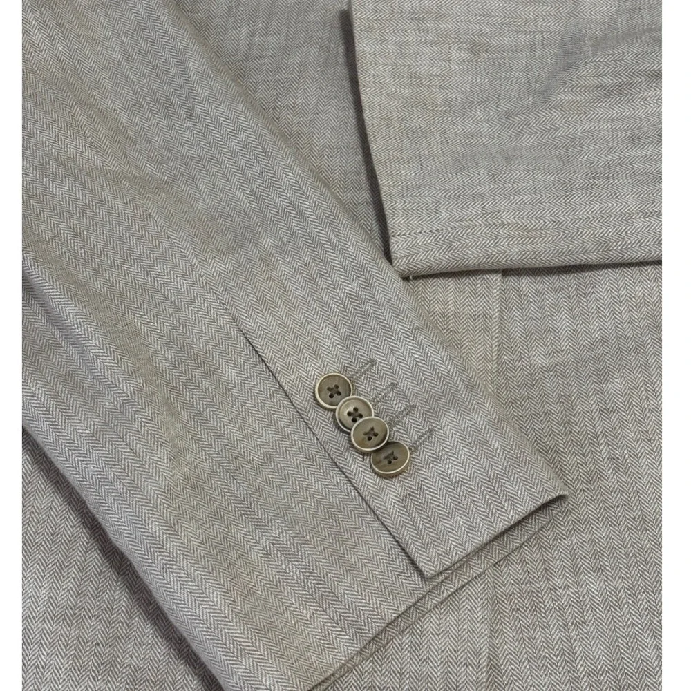 Joseph Abboud Mens Linen Cotton Blazer 48 Long Slim Fit Herringbone Beige